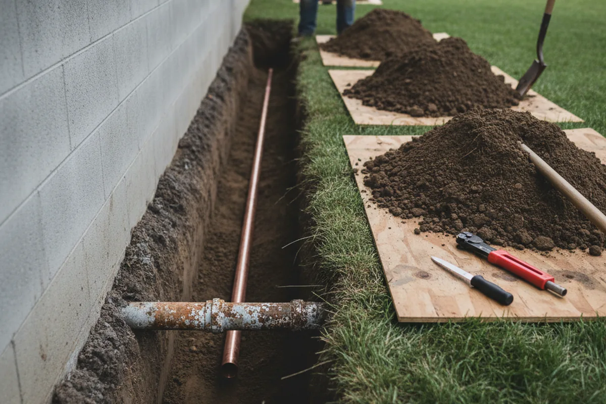 Excavated water line trench during Water Softener Installation in Island Falls